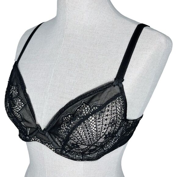 Wacoal Take The Plunge Underwire Bra sz 34B * Lace Unlined Black Beige Sheer - Picture 2 of 6